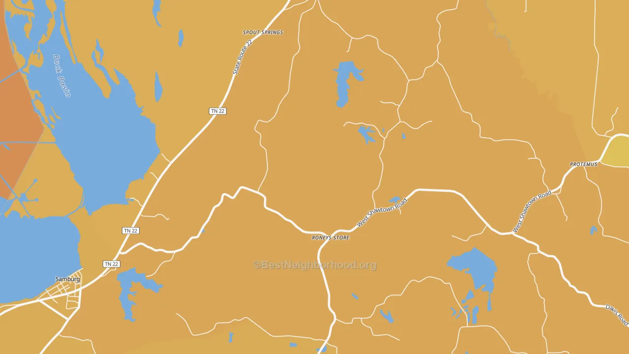 Map of the best neighborhoods in the Roneys Store area, with better matches in green and worse matches in red