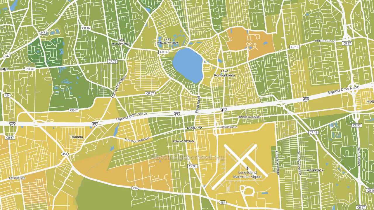 Map of the best neighborhoods in the Ronkonkoma area, with better matches in green and worse matches in red
