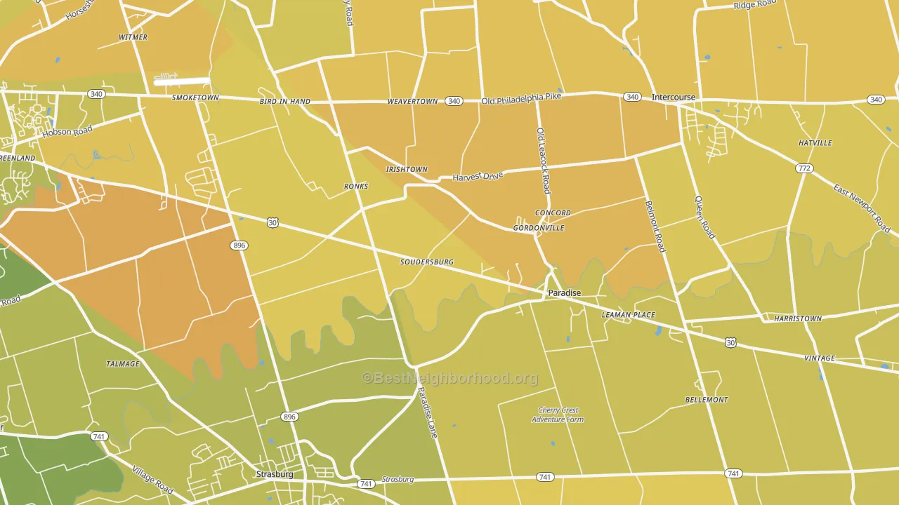 Map of the best neighborhoods in the Ronks area, with better matches in green and worse matches in red