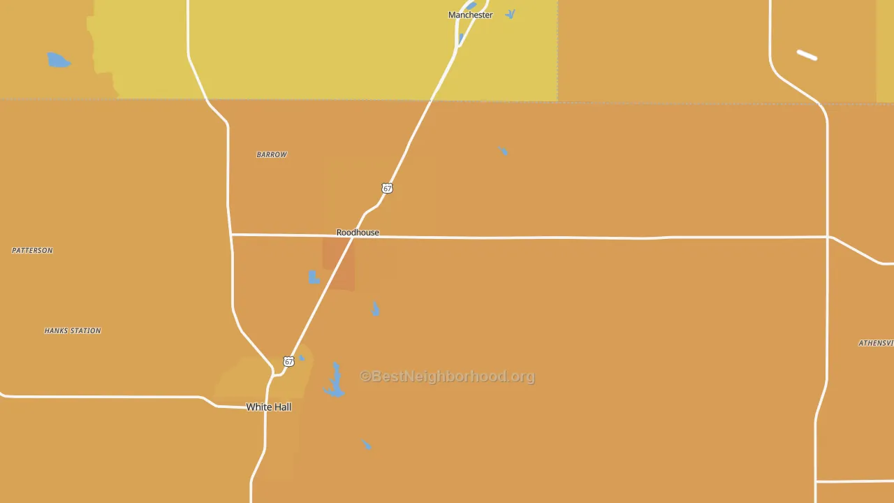 Map of the best neighborhoods in the Roodhouse area, with better matches in green and worse matches in red