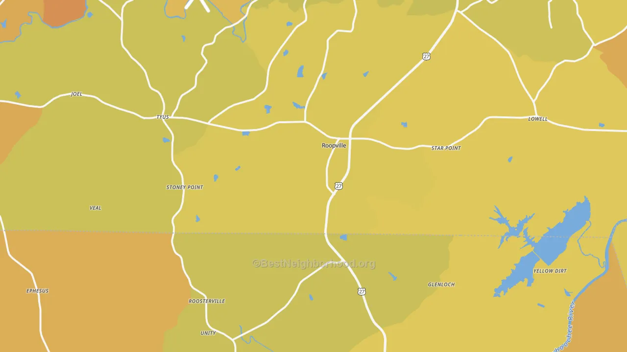 Map of the best neighborhoods in the Roopville area, with better matches in green and worse matches in red