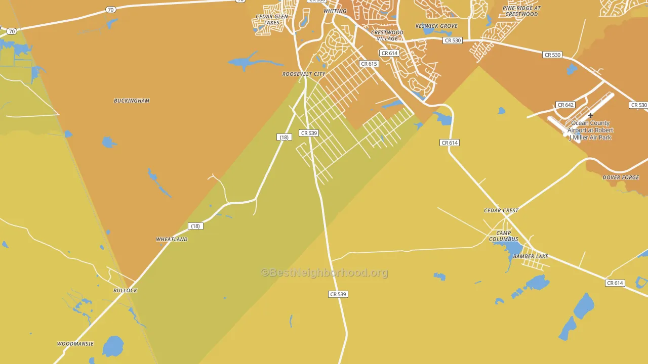 Map of the best neighborhoods in the Roosevelt City area, with better matches in green and worse matches in red