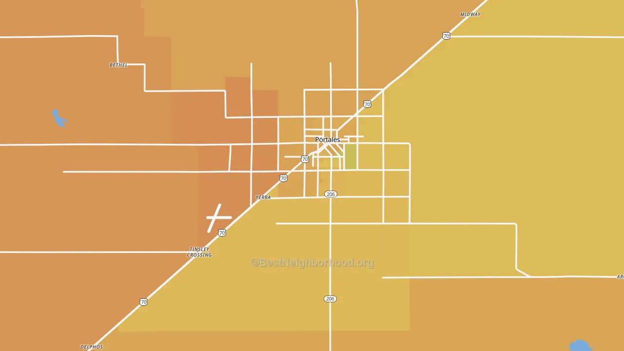 Map of the best neighborhoods in the Roosevelt County area, with better matches in green and worse matches in red