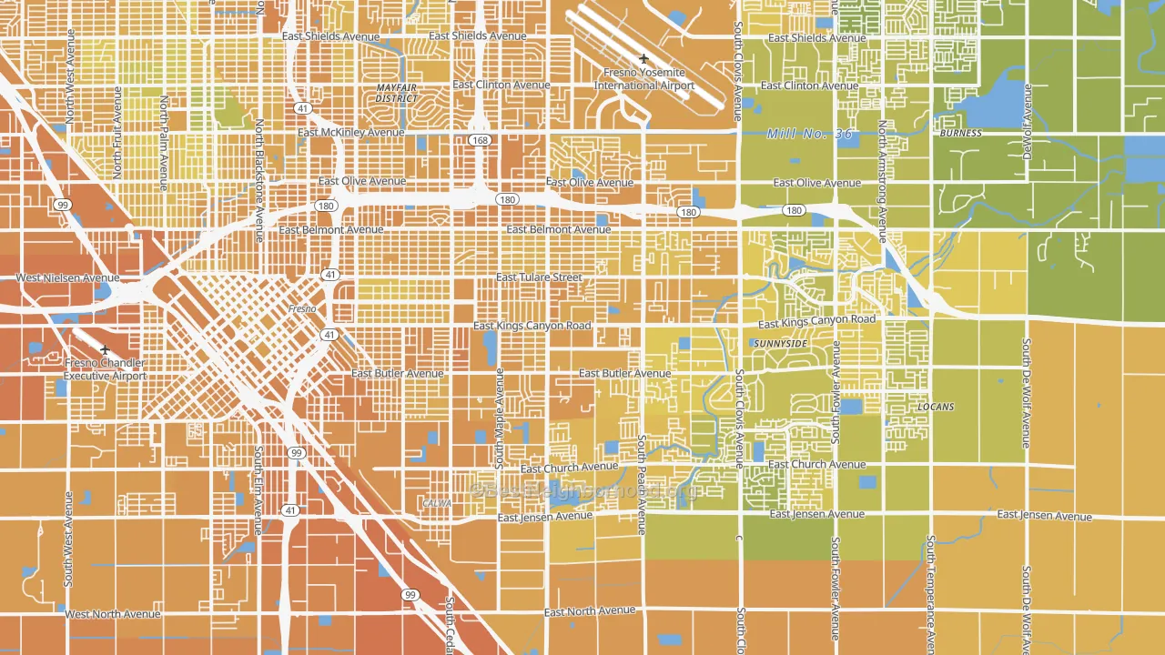 Map of the best neighborhoods in the Roosevelt, Fresno area, with better matches in green and worse matches in red
