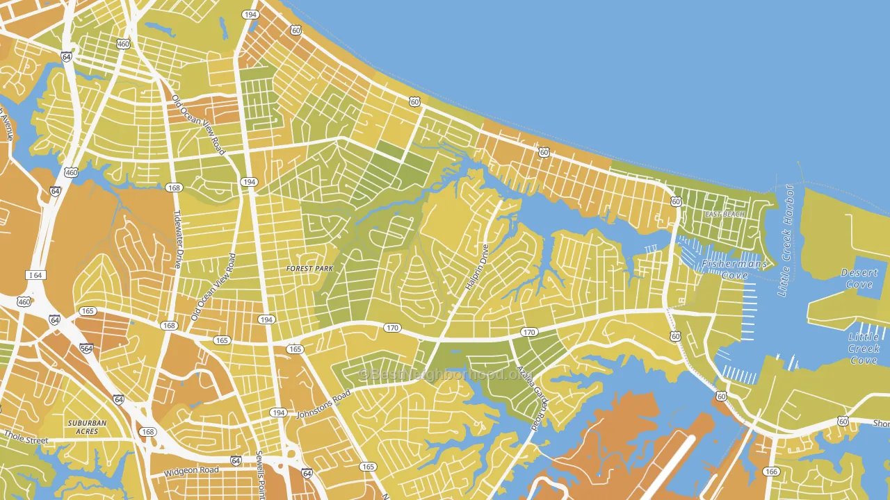 Map of the best neighborhoods in the Roosevelt Gardens Area, Norfolk area, with better matches in green and worse matches in red
