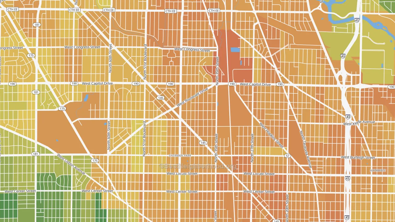 Map of the best neighborhoods in the Roosevelt Grove, Milwaukee area, with better matches in green and worse matches in red