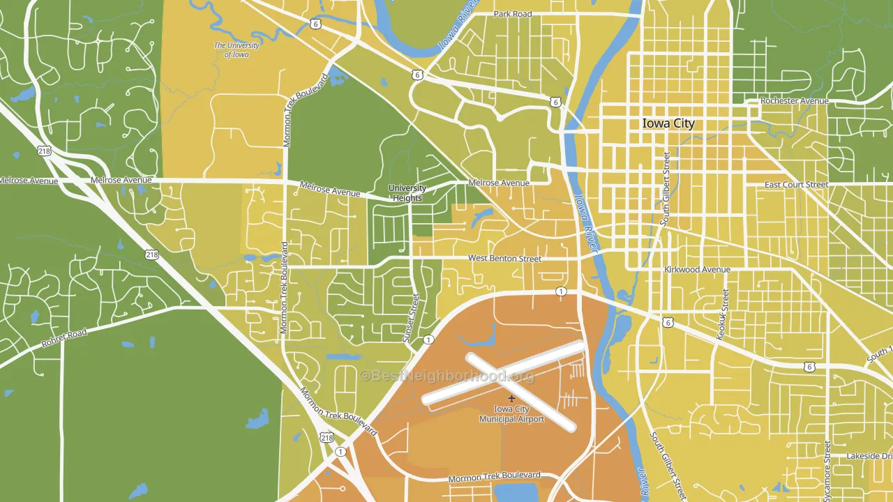 Map of the best neighborhoods in the Roosevelt, Iowa City area, with better matches in green and worse matches in red