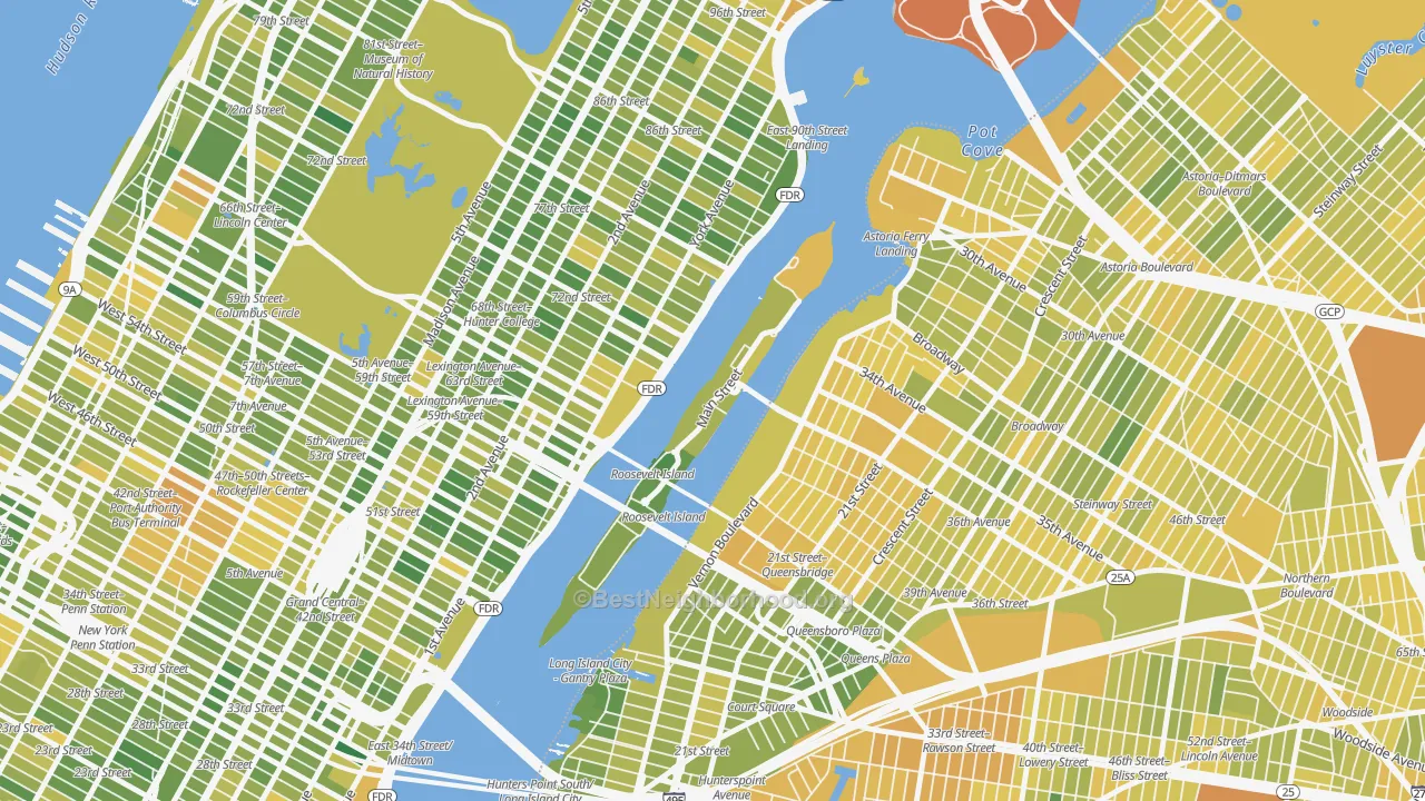 Map of the best neighborhoods in the Roosevelt Island, Manhattan area, with better matches in green and worse matches in red