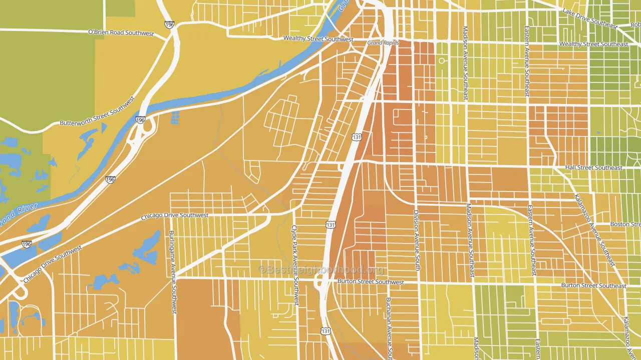 Map of the best neighborhoods in the Roosevelt Park, Grand Rapids area, with better matches in green and worse matches in red