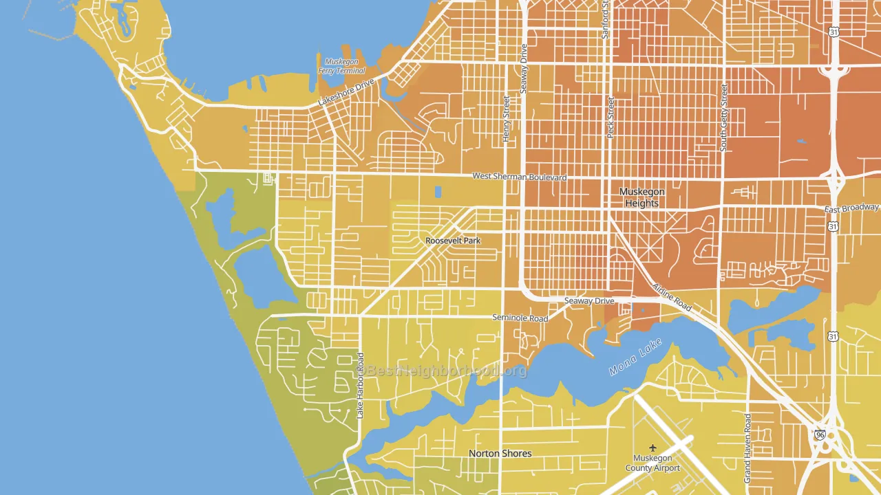 Map of the best neighborhoods in the Roosevelt Park area, with better matches in green and worse matches in red