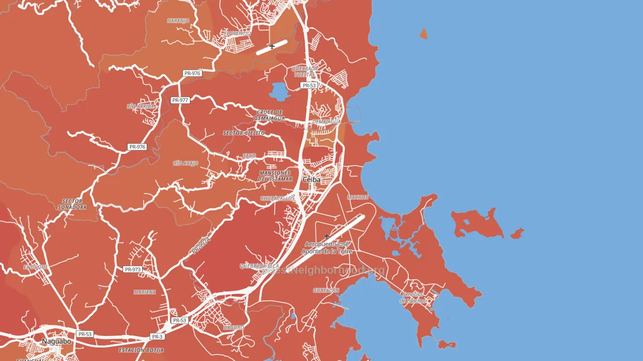 Map of the best neighborhoods in the Roosevelt Roads Naval Station area, with better matches in green and worse matches in red
