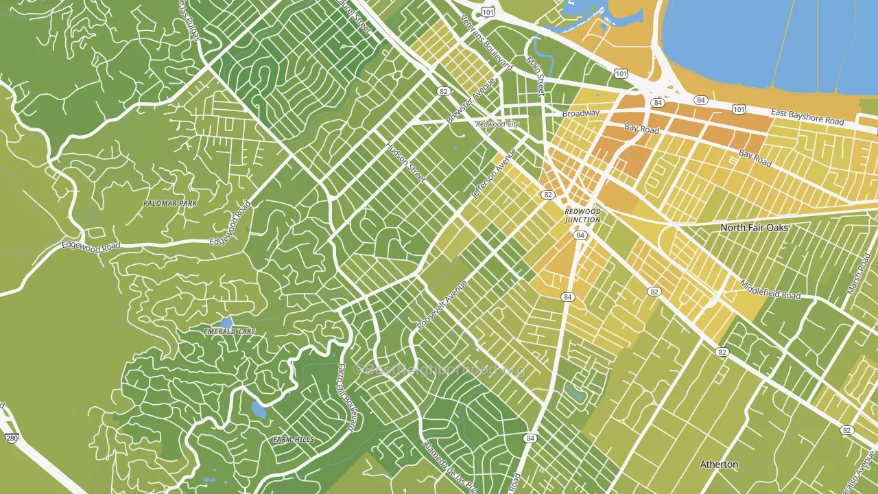 Map of the best neighborhoods in the Roosevelt-San Francisco, Redwood City area, with better matches in green and worse matches in red