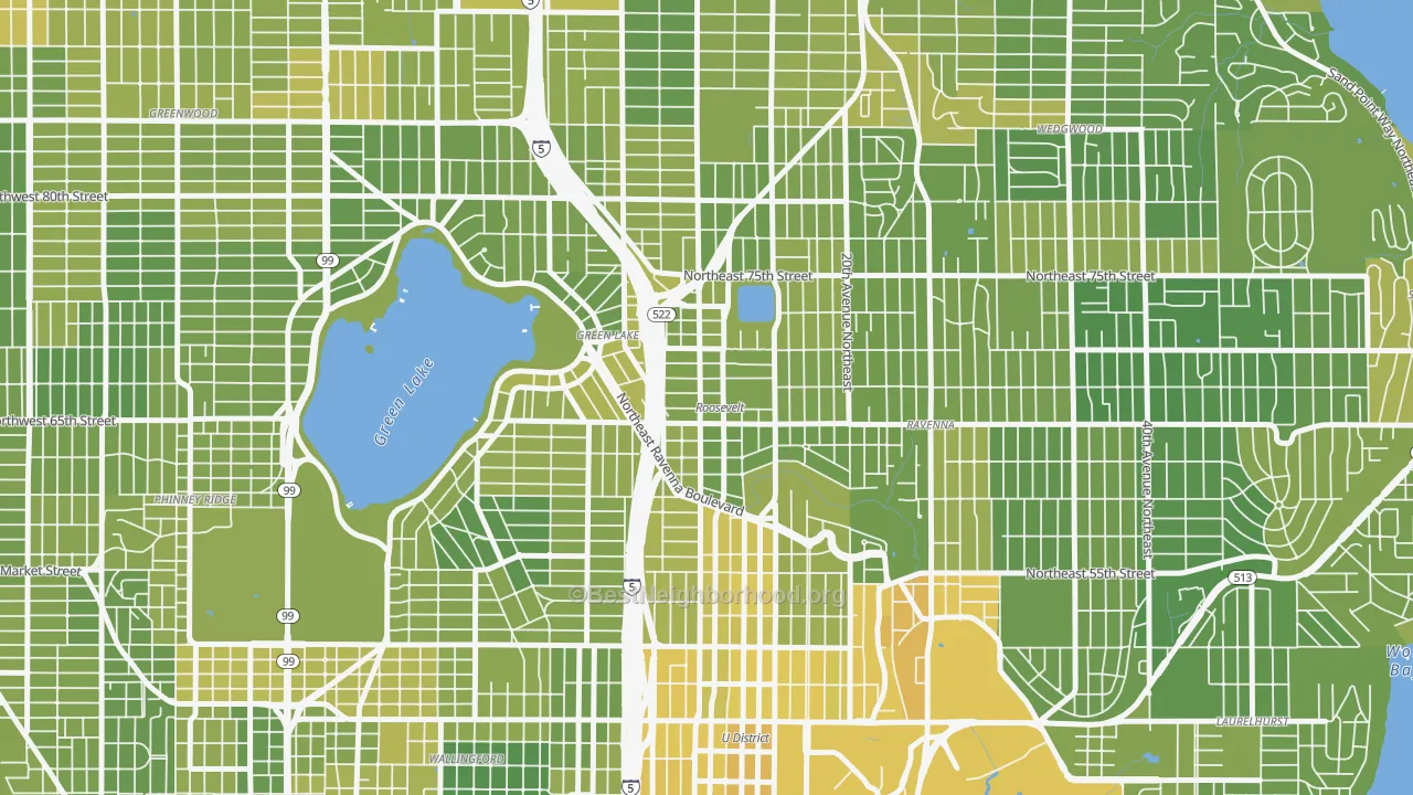 Map of the best neighborhoods in the Roosevelt, Seattle area, with better matches in green and worse matches in red
