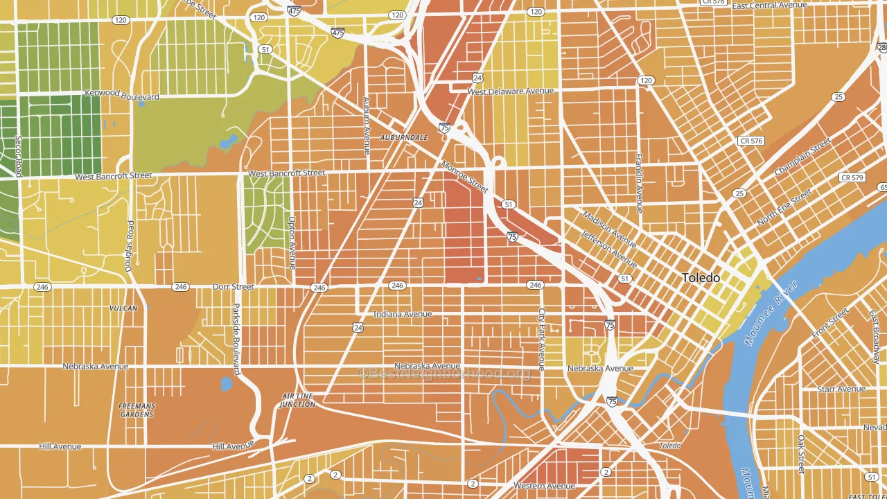 Map of the best neighborhoods in the Roosevelt-Toledo, Toledo area, with better matches in green and worse matches in red
