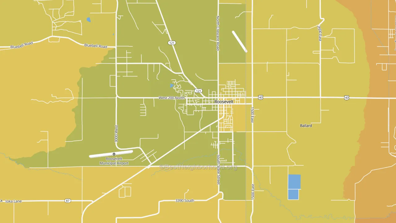 Map of the best neighborhoods in the Roosevelt area, with better matches in green and worse matches in red