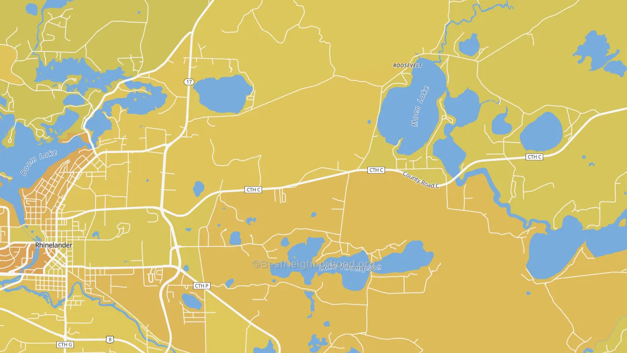Map of the best neighborhoods in the Roosevelt area, with better matches in green and worse matches in red