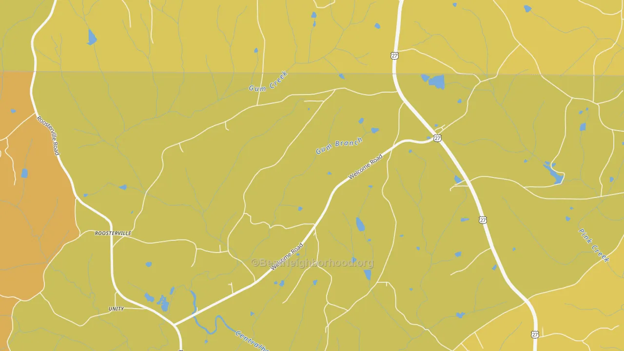 Map of the best neighborhoods in the Roosterville area, with better matches in green and worse matches in red