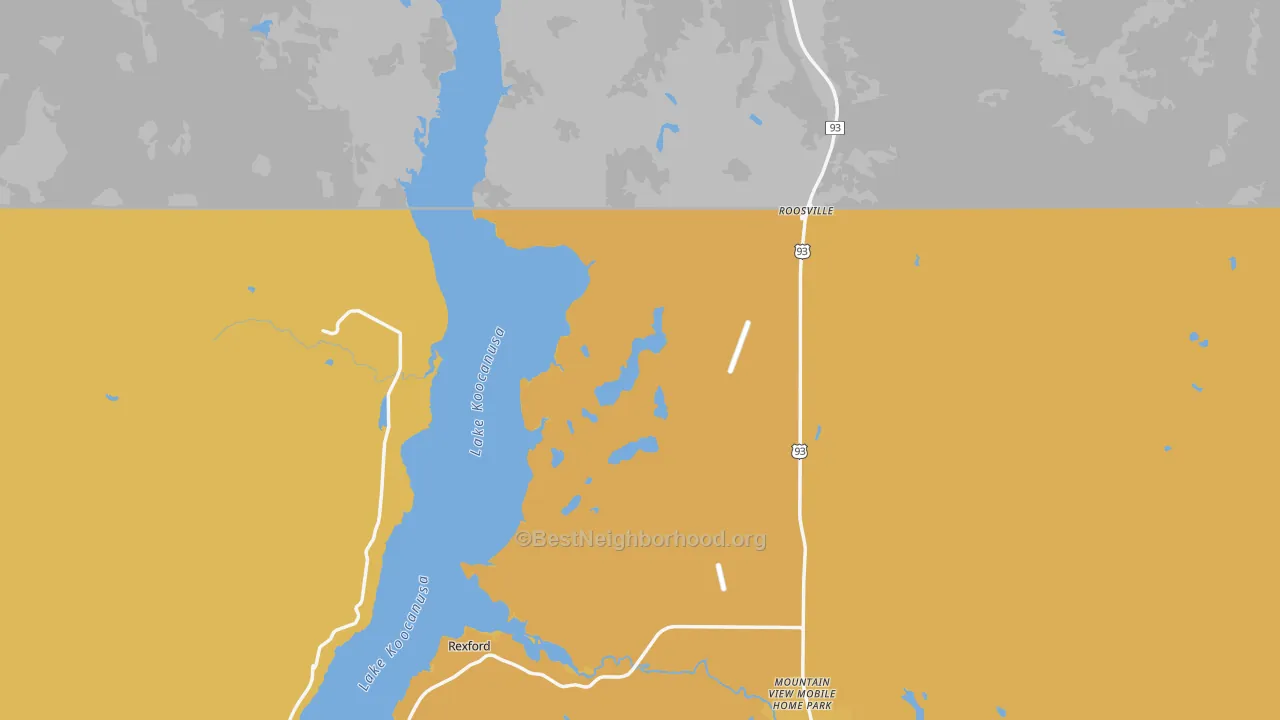 Map of the best neighborhoods in the Roosville area, with better matches in green and worse matches in red