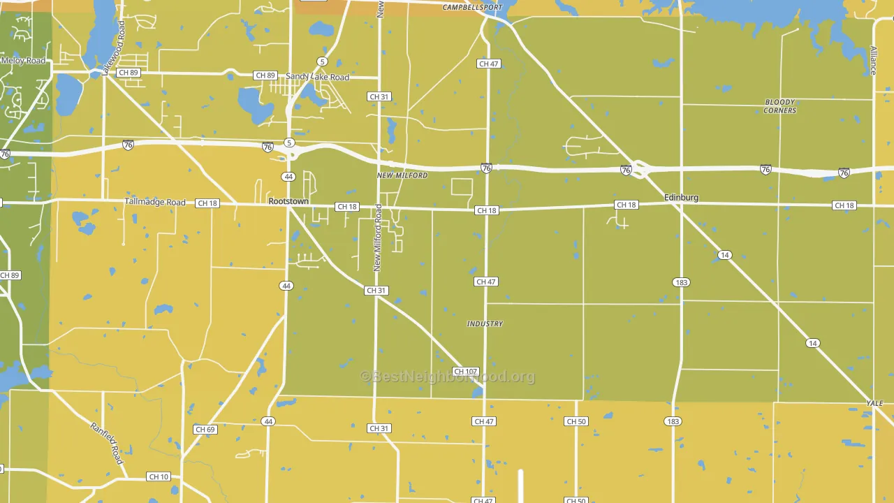 Map of the best neighborhoods in the Rootstown area, with better matches in green and worse matches in red