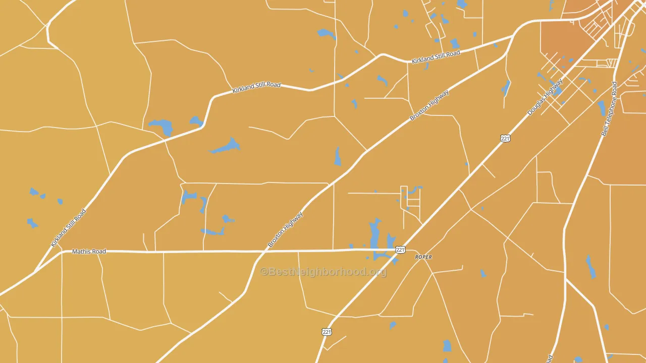 Map of the best neighborhoods in the Roper area, with better matches in green and worse matches in red