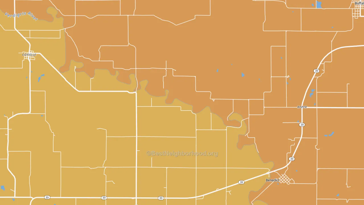 Map of the best neighborhoods in the Roper area, with better matches in green and worse matches in red
