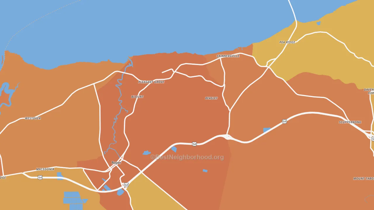 Map of the best neighborhoods in the Roper area, with better matches in green and worse matches in red