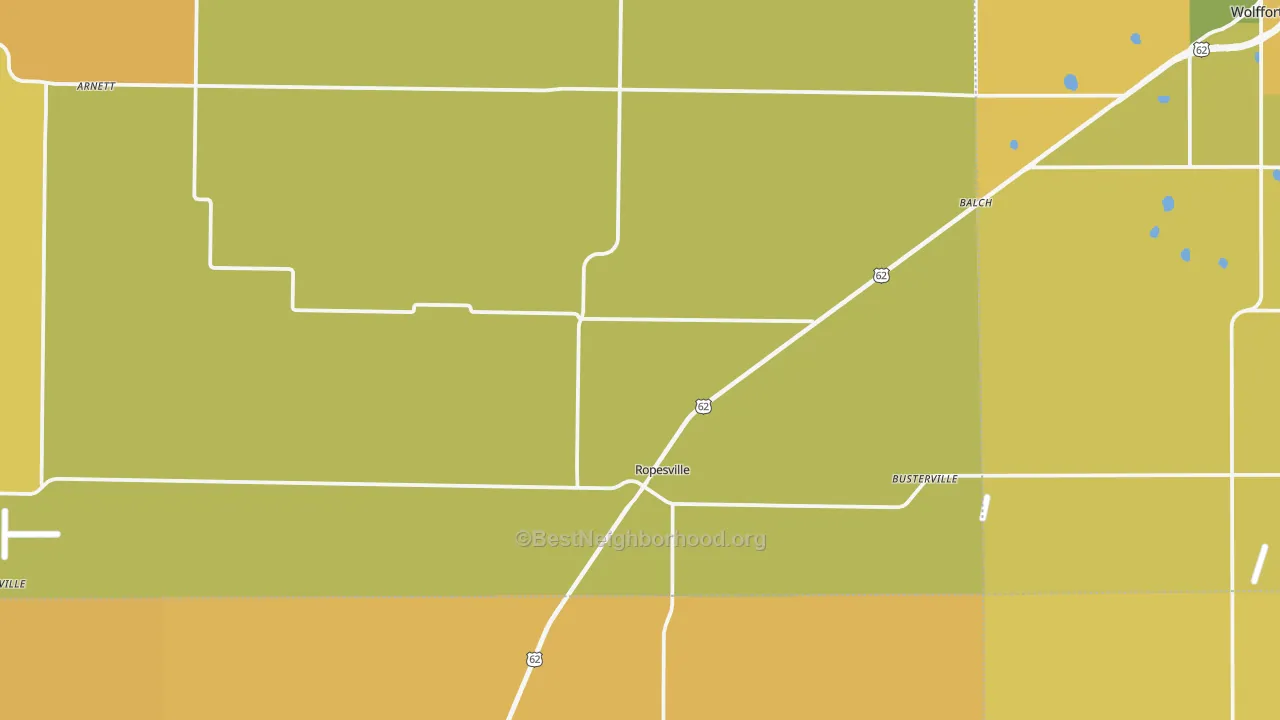 Map of the best neighborhoods in the Ropesville area, with better matches in green and worse matches in red