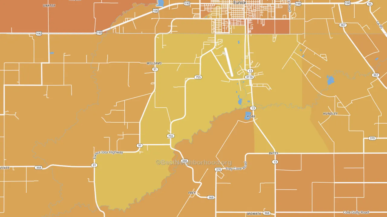 Map of the best neighborhoods in the Rork area, with better matches in green and worse matches in red