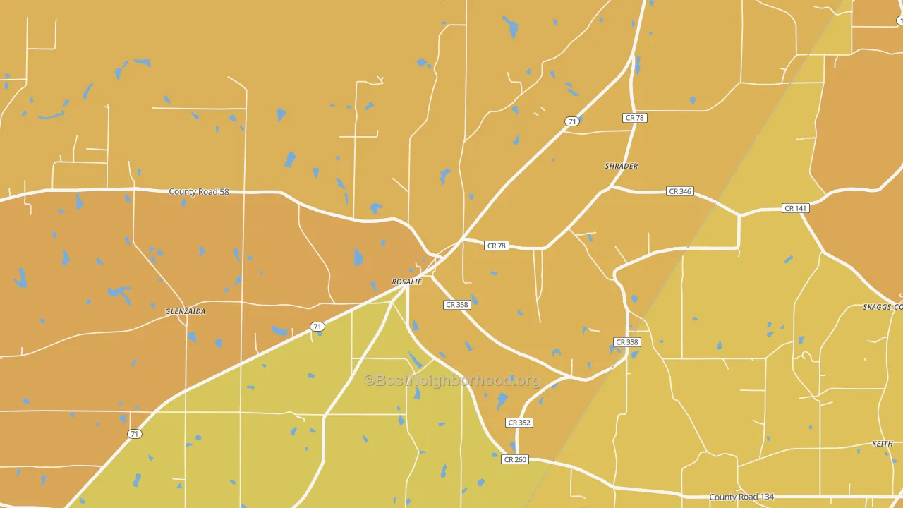 Map of the best neighborhoods in the Rosalie area, with better matches in green and worse matches in red