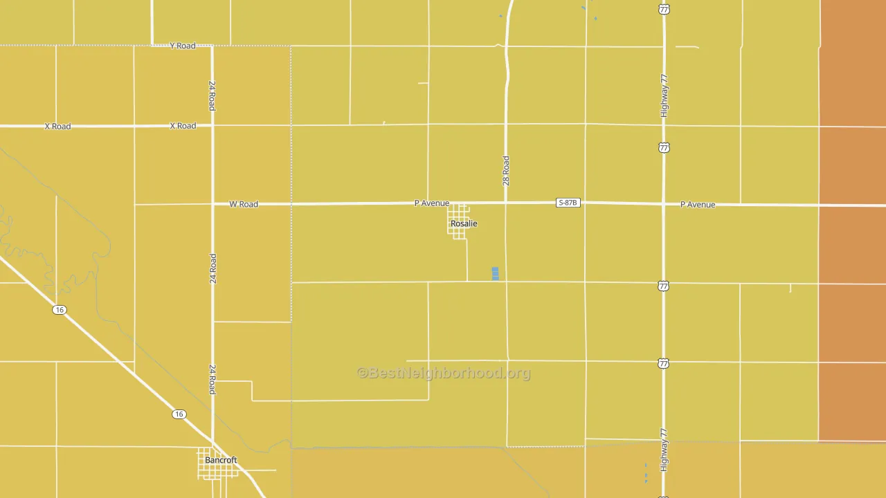 Map of the best neighborhoods in the Rosalie area, with better matches in green and worse matches in red