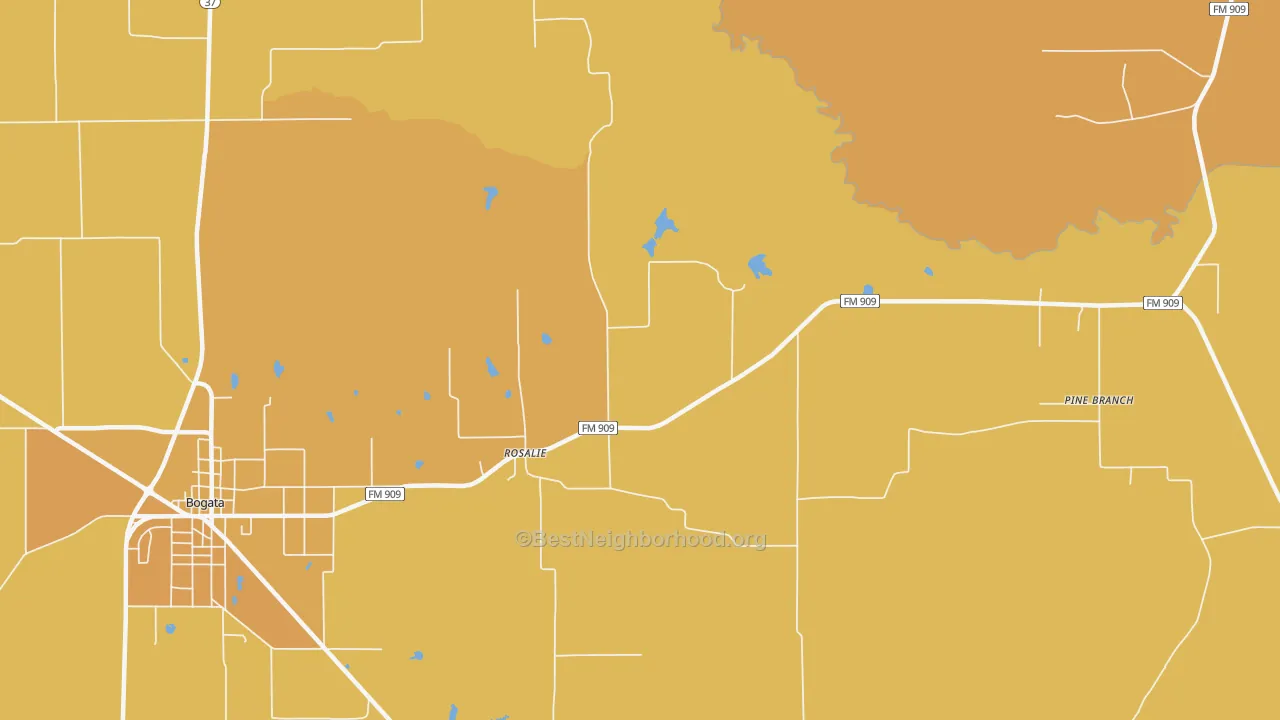 Map of the best neighborhoods in the Rosalie area, with better matches in green and worse matches in red