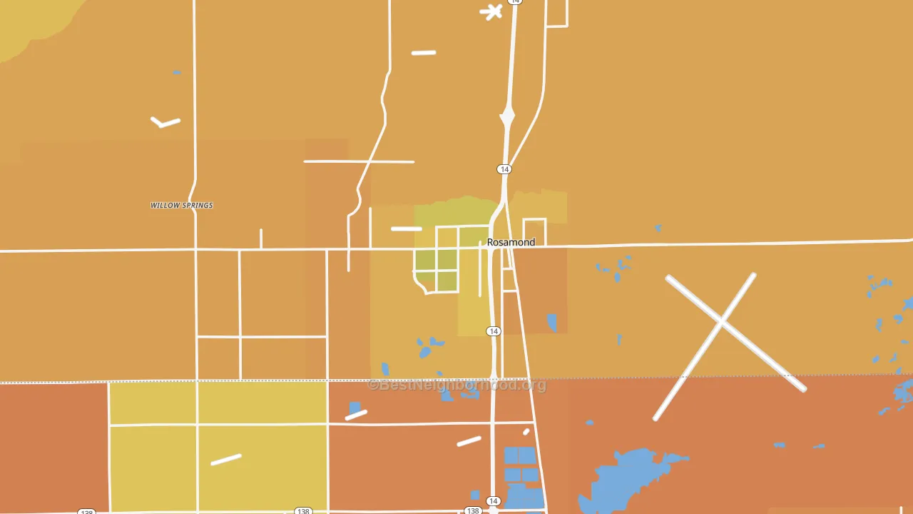 Map of the best neighborhoods in the Rosamond area, with better matches in green and worse matches in red