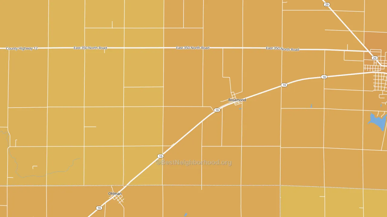 Map of the best neighborhoods in the Rosamond area, with better matches in green and worse matches in red