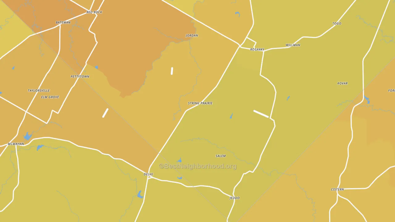 Map of the best neighborhoods in the Rosanky area, with better matches in green and worse matches in red