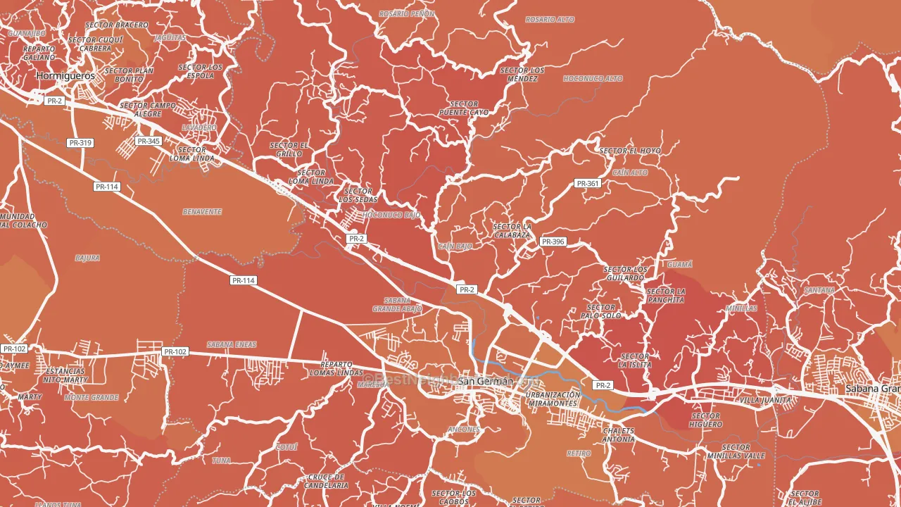 Map of the best neighborhoods in the Rosario area, with better matches in green and worse matches in red