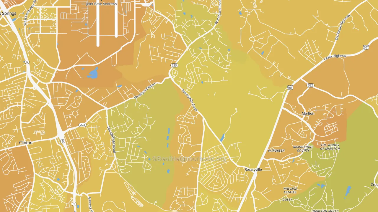 Map of the best neighborhoods in the Rosaryville area, with better matches in green and worse matches in red