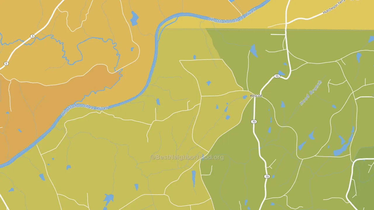 Map of the best neighborhoods in the Roscoe area, with better matches in green and worse matches in red