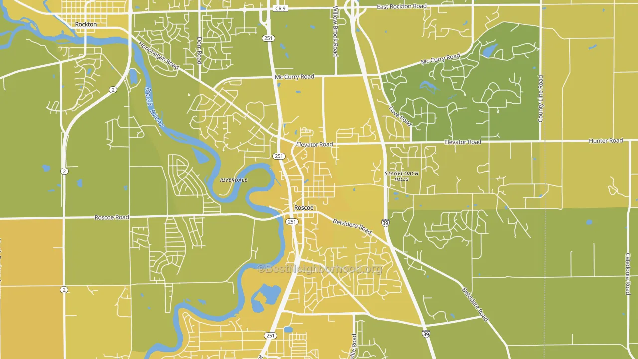 Map of the best neighborhoods in the Roscoe area, with better matches in green and worse matches in red