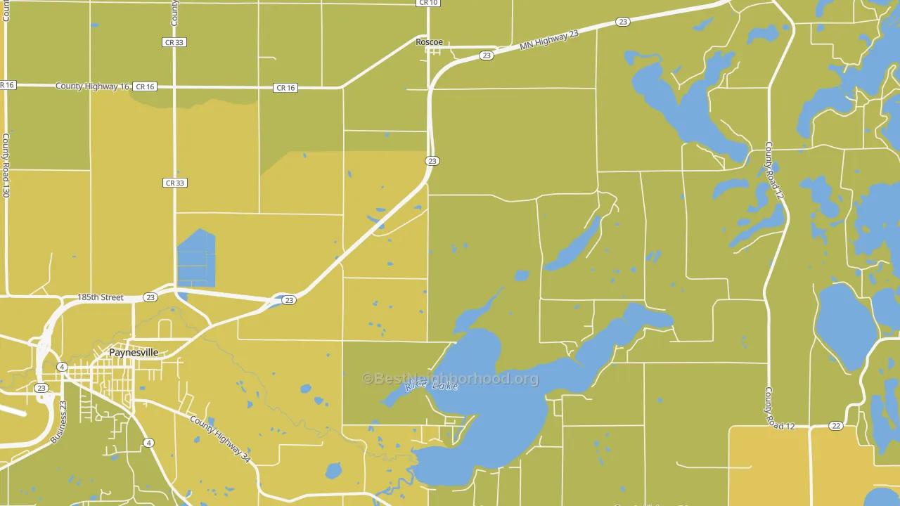 Map of the best neighborhoods in the Roscoe area, with better matches in green and worse matches in red