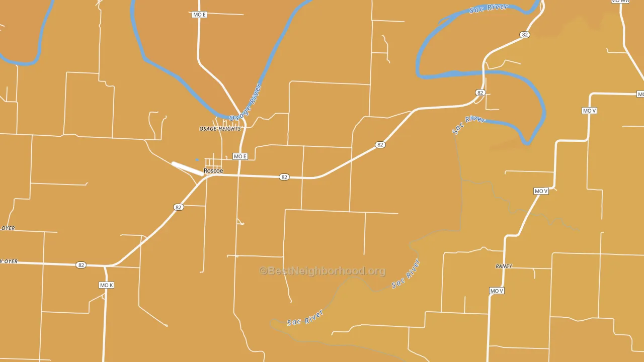 Map of the best neighborhoods in the Roscoe area, with better matches in green and worse matches in red