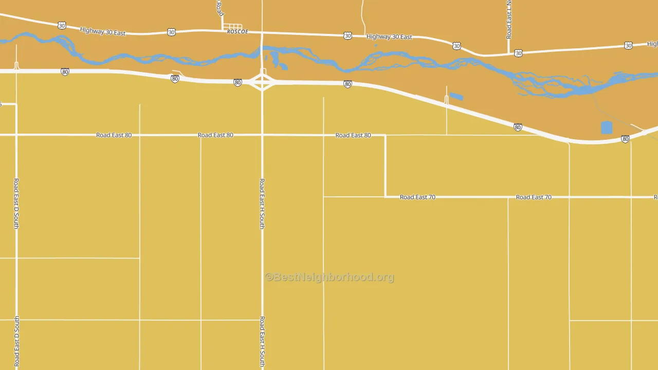 Map of the best neighborhoods in the Roscoe area, with better matches in green and worse matches in red