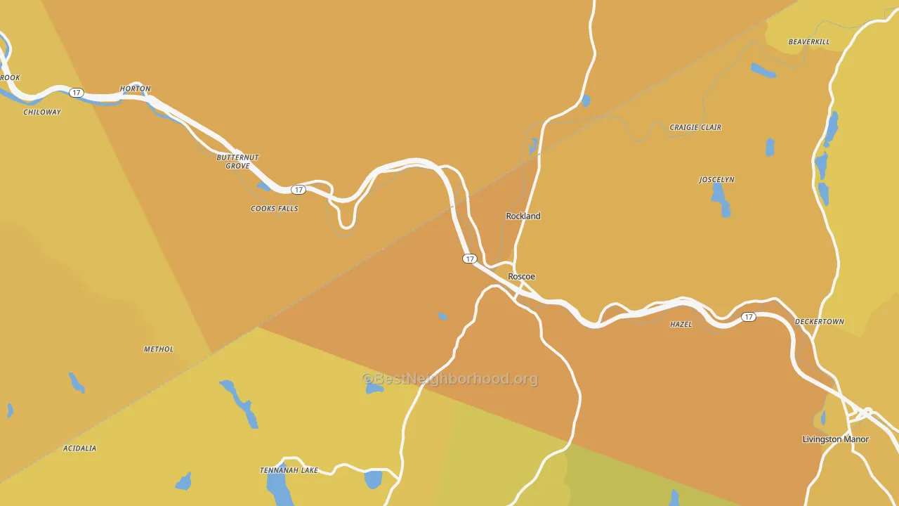 Map of the best neighborhoods in the Roscoe area, with better matches in green and worse matches in red