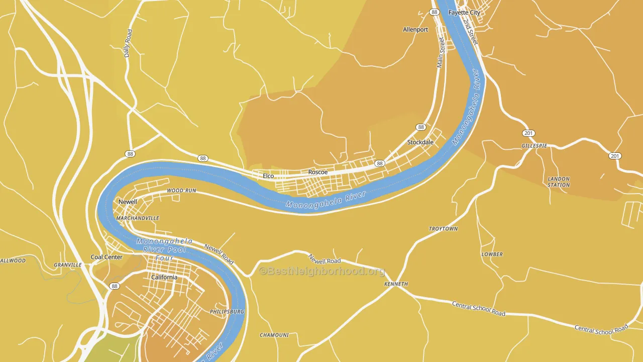 Map of the best neighborhoods in the Roscoe area, with better matches in green and worse matches in red
