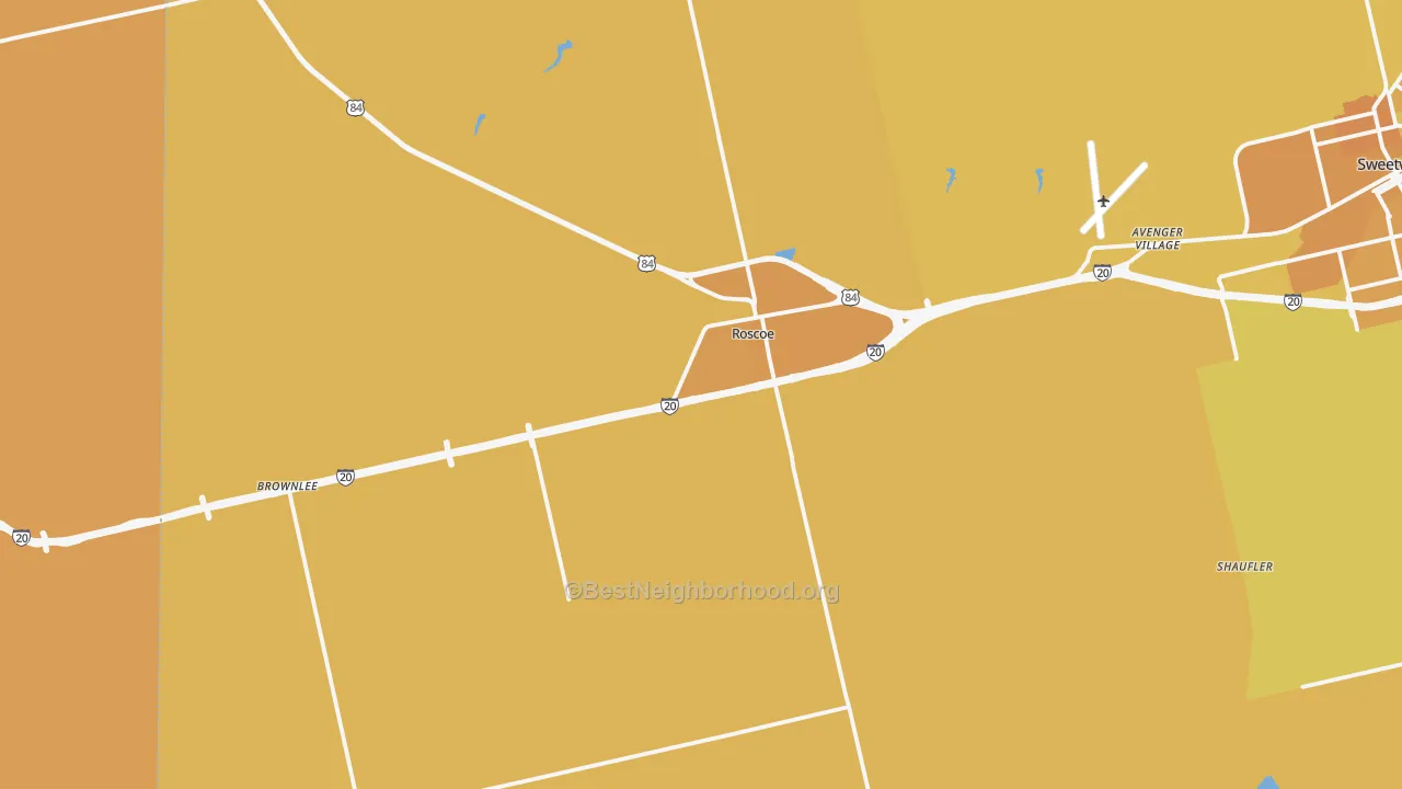 Map of the best neighborhoods in the Roscoe area, with better matches in green and worse matches in red