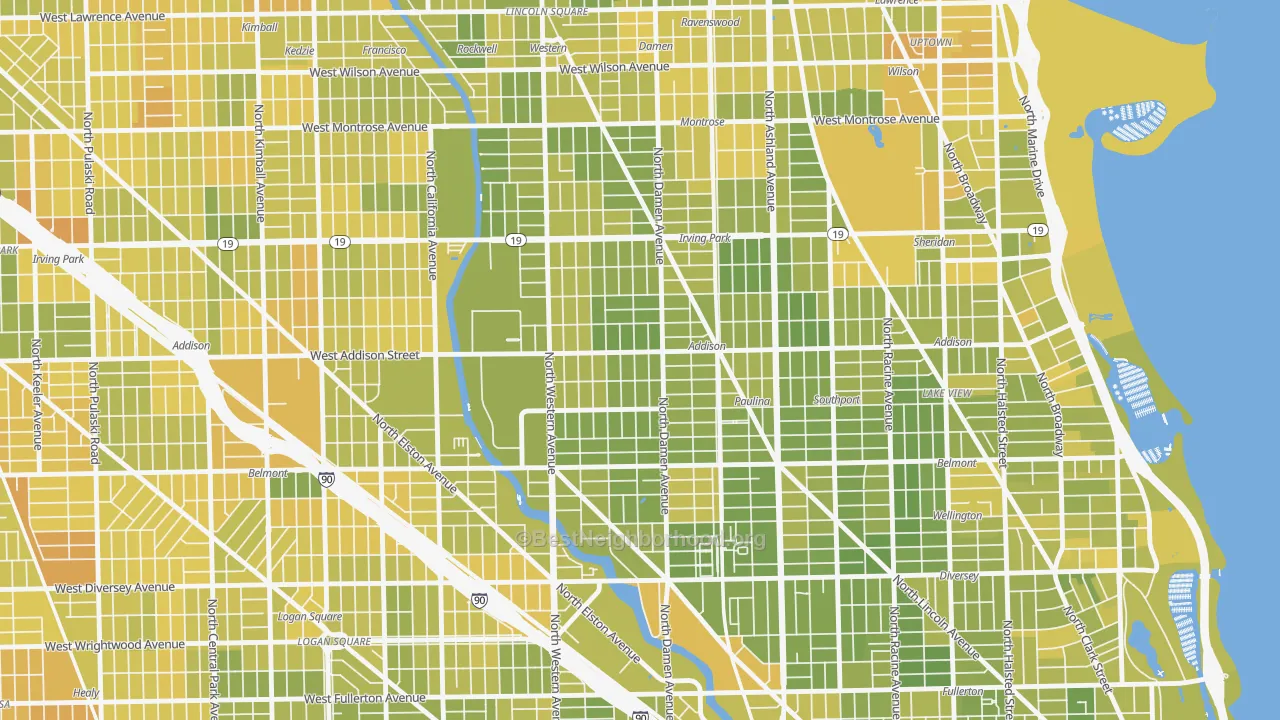 Map of the best neighborhoods in the Roscoe Village, Chicago area, with better matches in green and worse matches in red