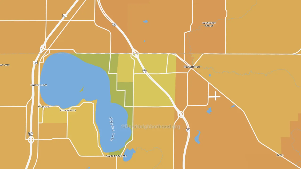 Map of the best neighborhoods in the Roscommon area, with better matches in green and worse matches in red