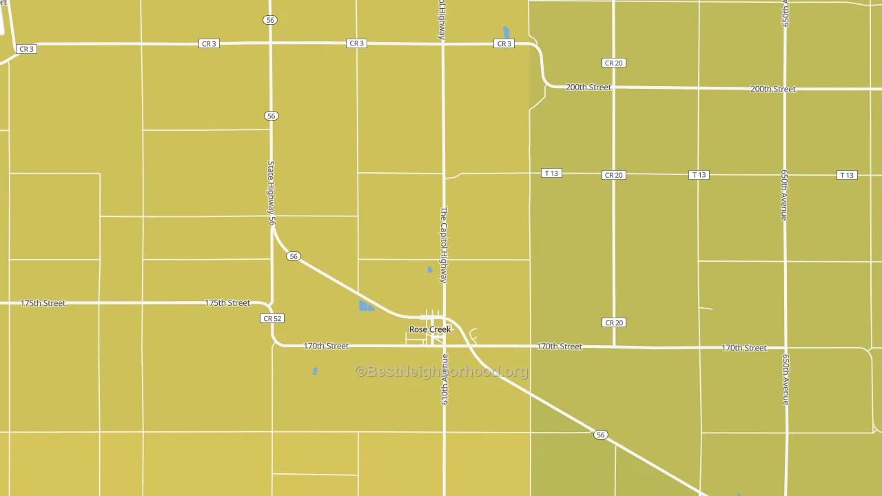 Map of the best neighborhoods in the Rose Creek area, with better matches in green and worse matches in red