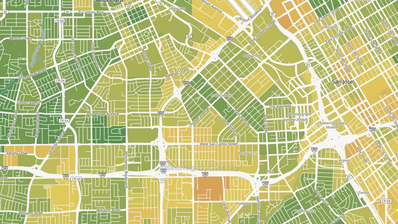 Map of the best neighborhoods in the Rose Garden, San Jose area, with better matches in green and worse matches in red