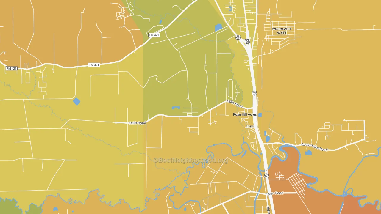 Map of the best neighborhoods in the Rose Hill Acres area, with better matches in green and worse matches in red