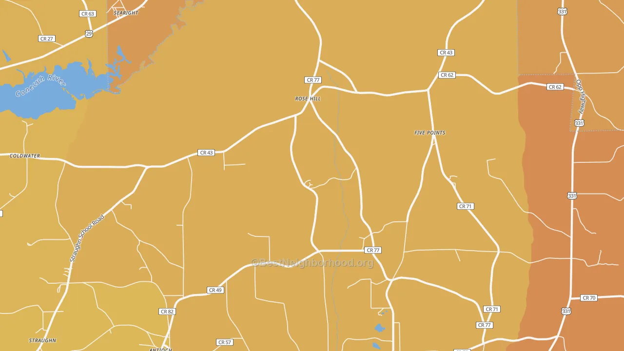 Map of the best neighborhoods in the Rose Hill area, with better matches in green and worse matches in red